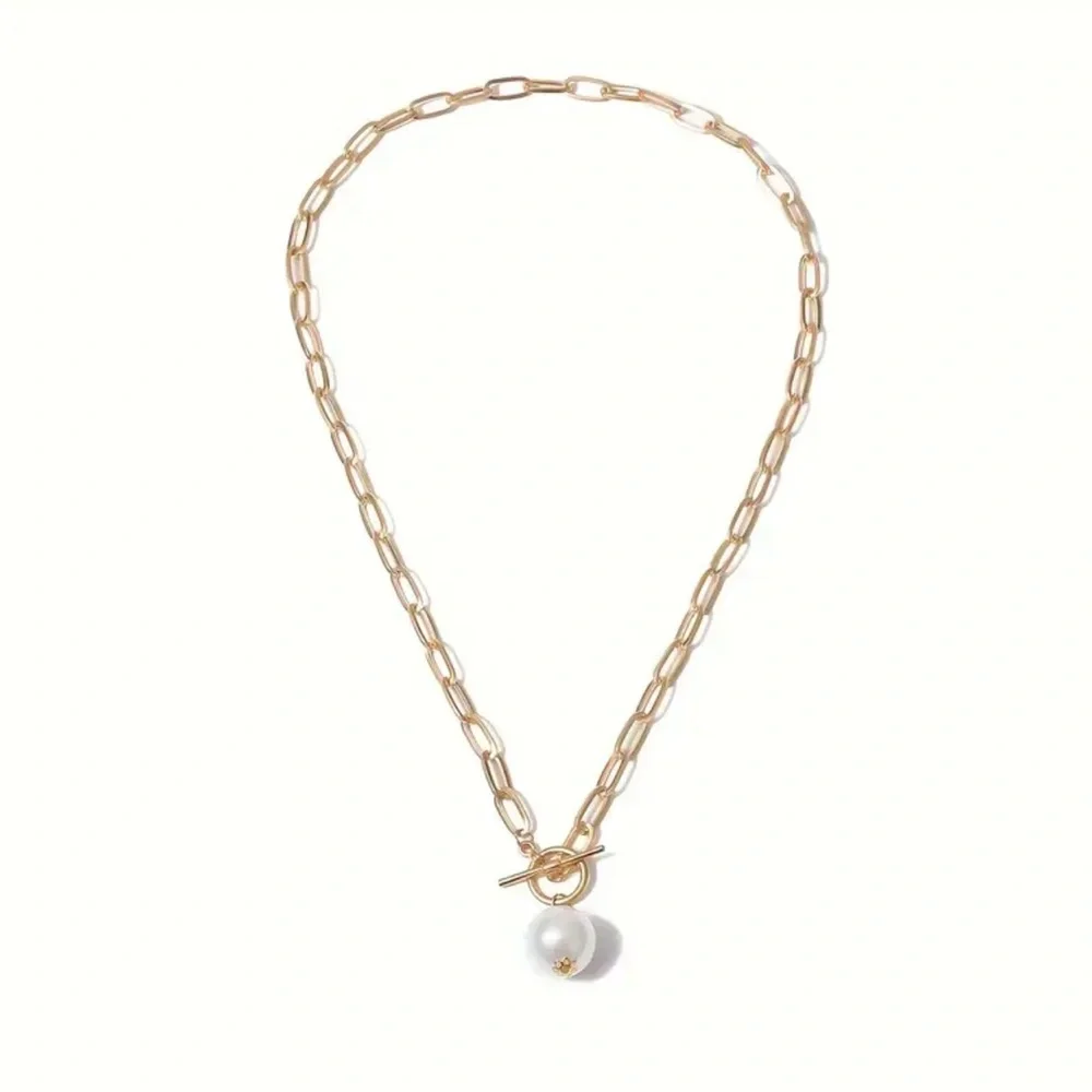 NEW FINAL PRICE ❤️‍🔥 GOLD PAPERCLIP CHAIN NECKLACE WITH PEARL PENDANT - Picture 2 of 6